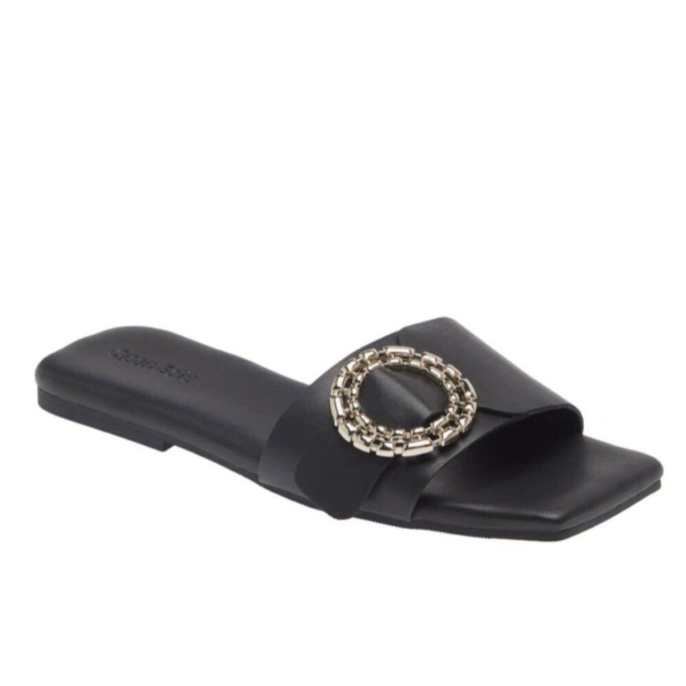 Open Edit Lely Black Slide Sandals Women’s 6.5 Silver Medallion Buckle